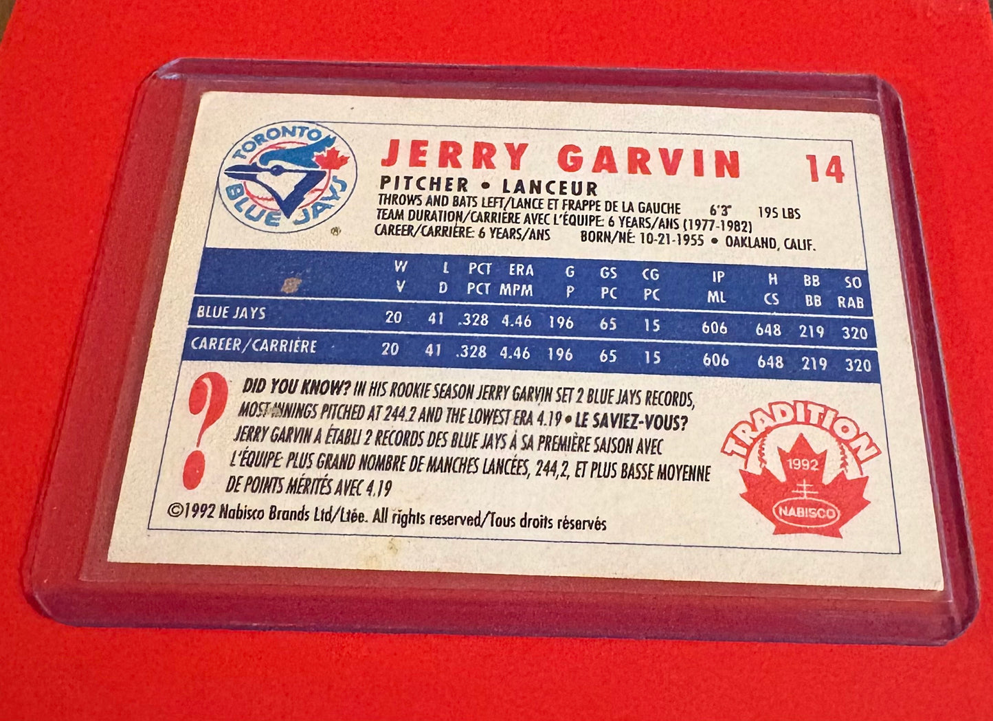 Jerry Garvin Toronto Blue Jays 1992 Nabisco