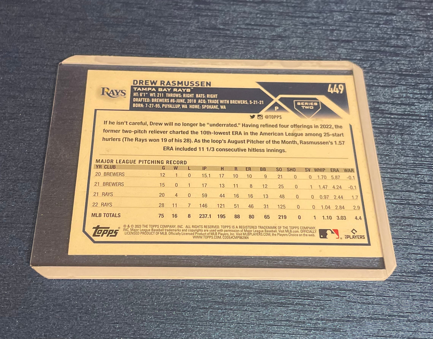 Drew Rasmussen Tampa Bay Rays Topps 2023