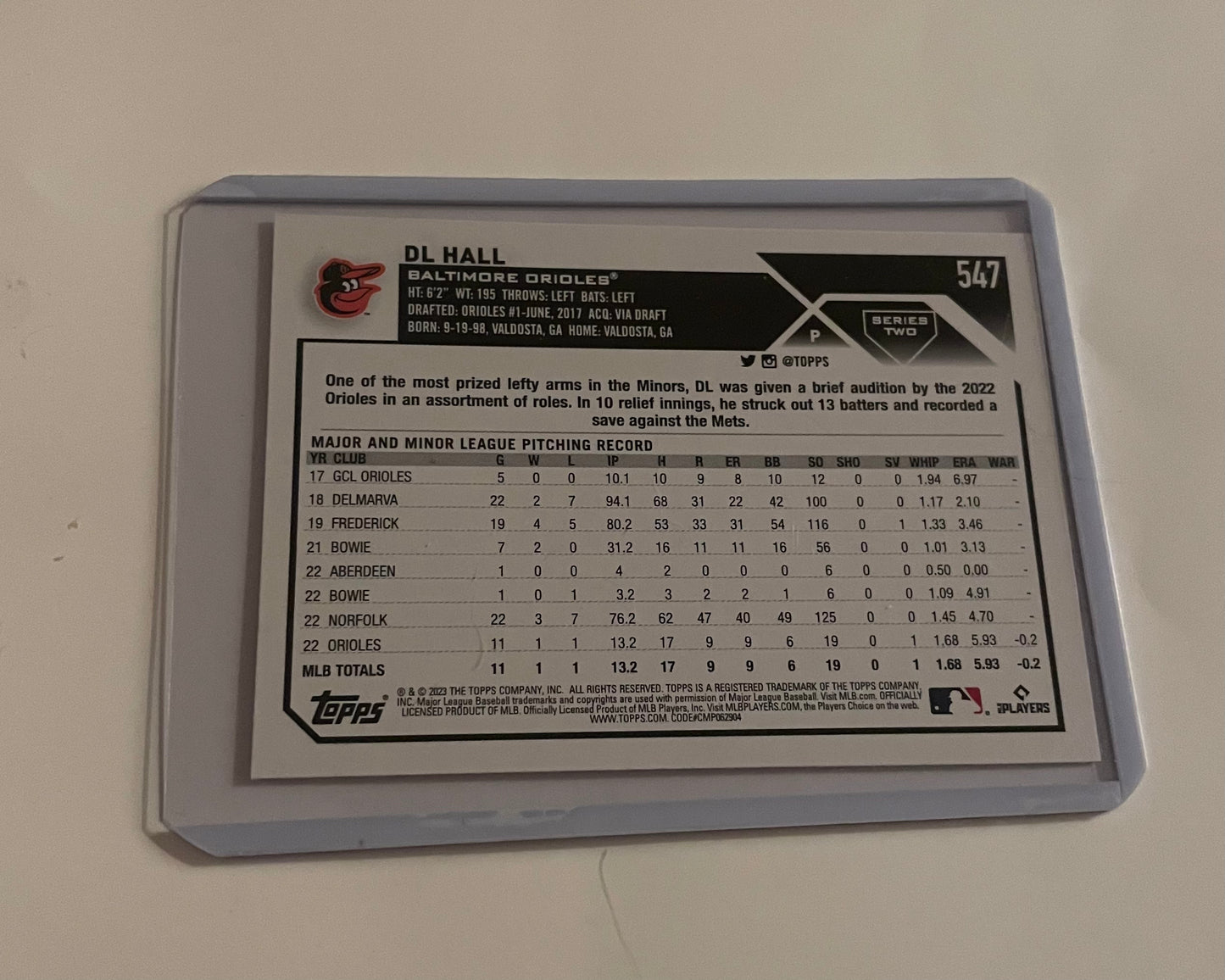 DL Hall Baltimore Orioles Topps 2023