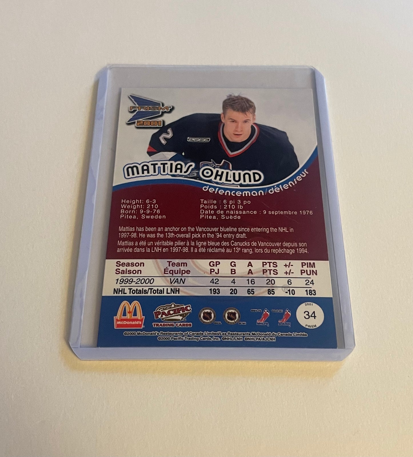 Matthias Ohlund Vancouver Canucks 2001 Prism