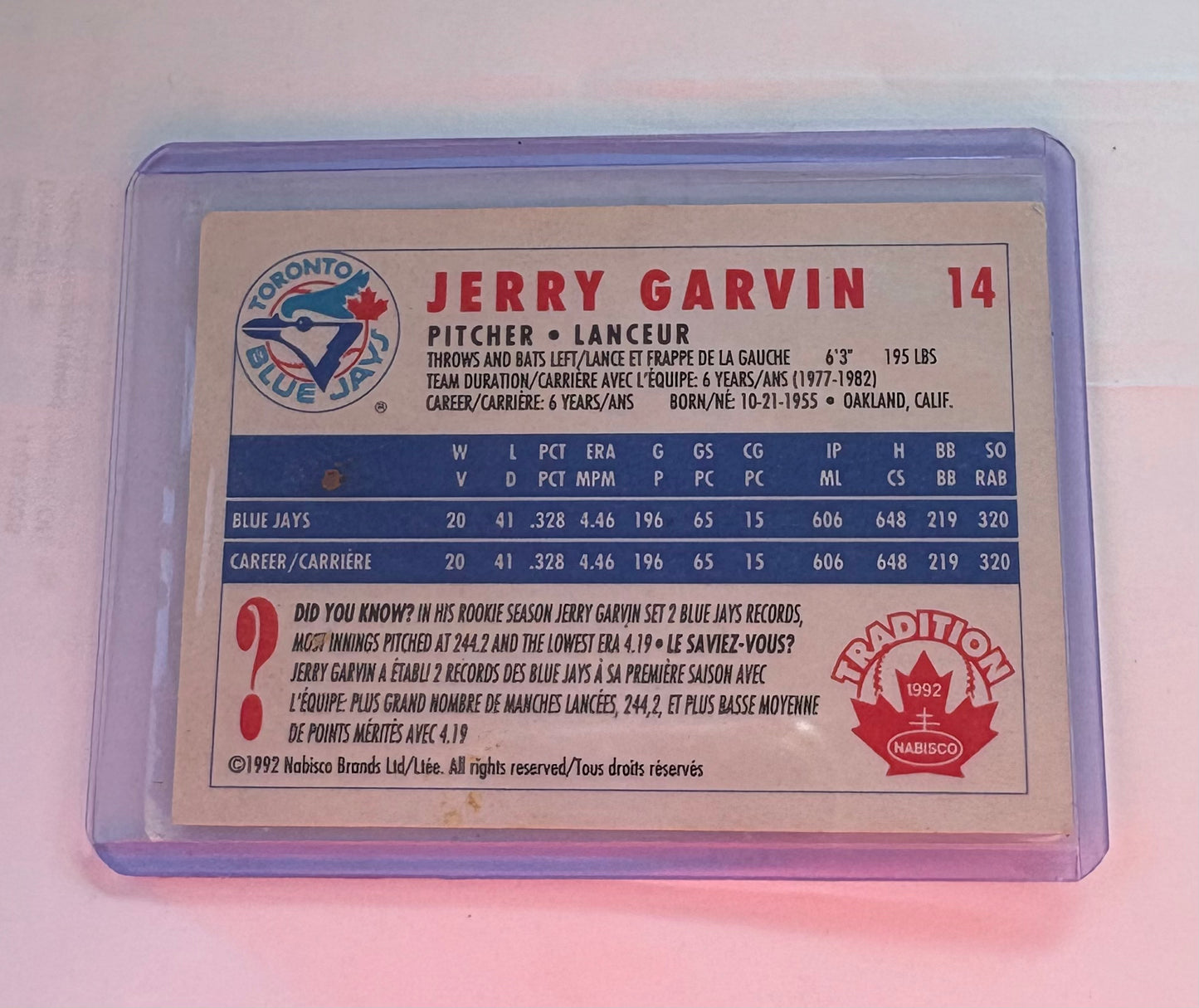 Jerry Garvin Toronto Blue Jays 1992 Nabisco