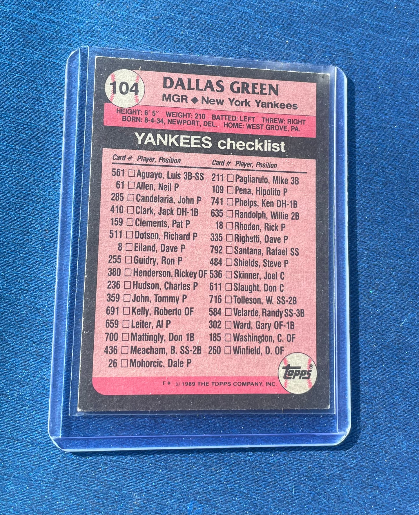 Dallas Green New York Yankees 1989 Topps
