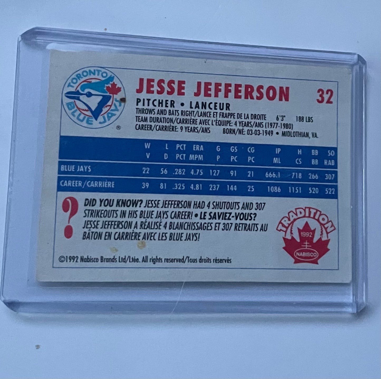 Jesse Jefferson Toronto Blue Jays Tradition 1992 Nabisco