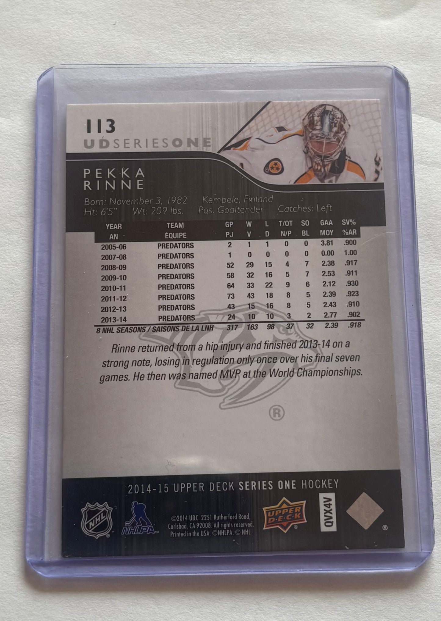 Pekka Rinne Nashville Predators 2014-15 Upper Deck Series One