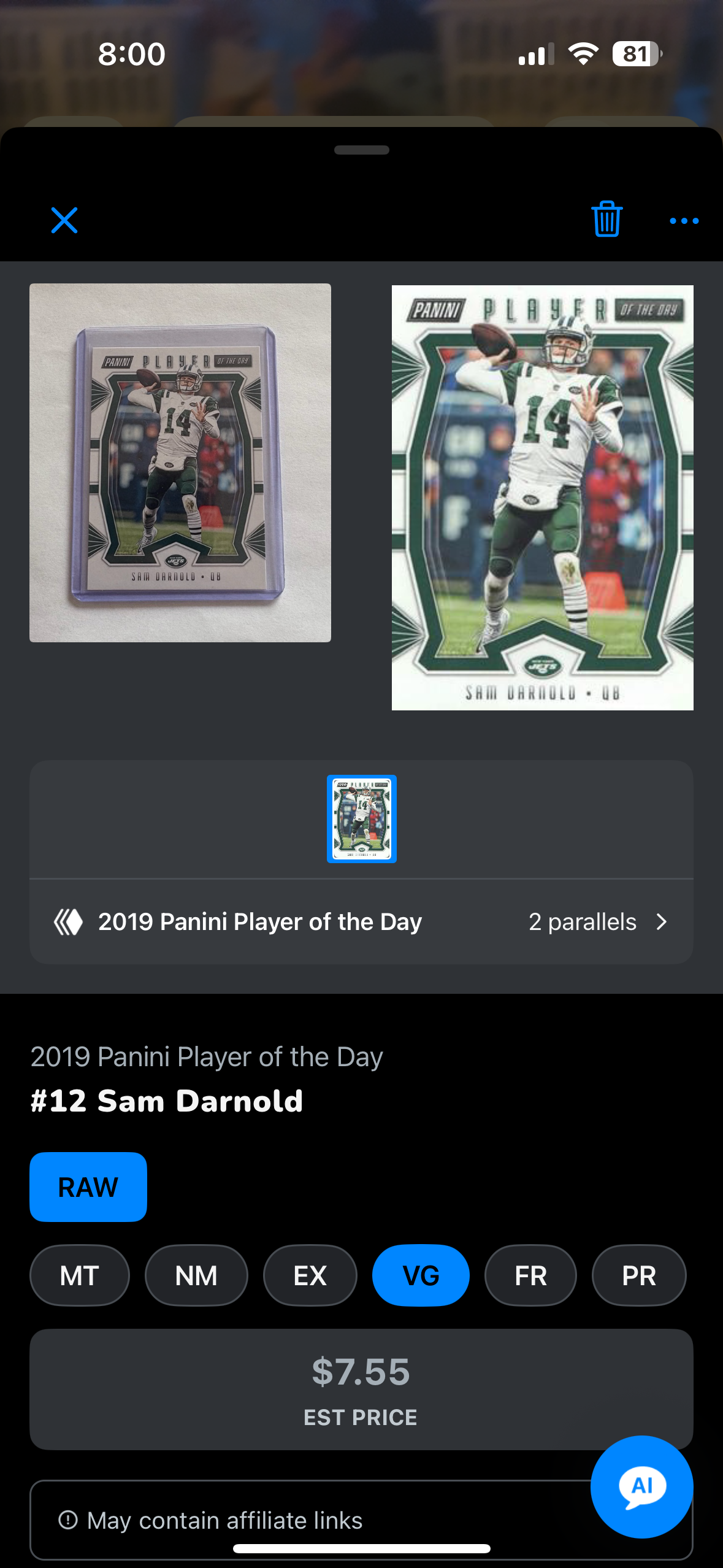 Sam Darnold Player of the day 2019 Panini