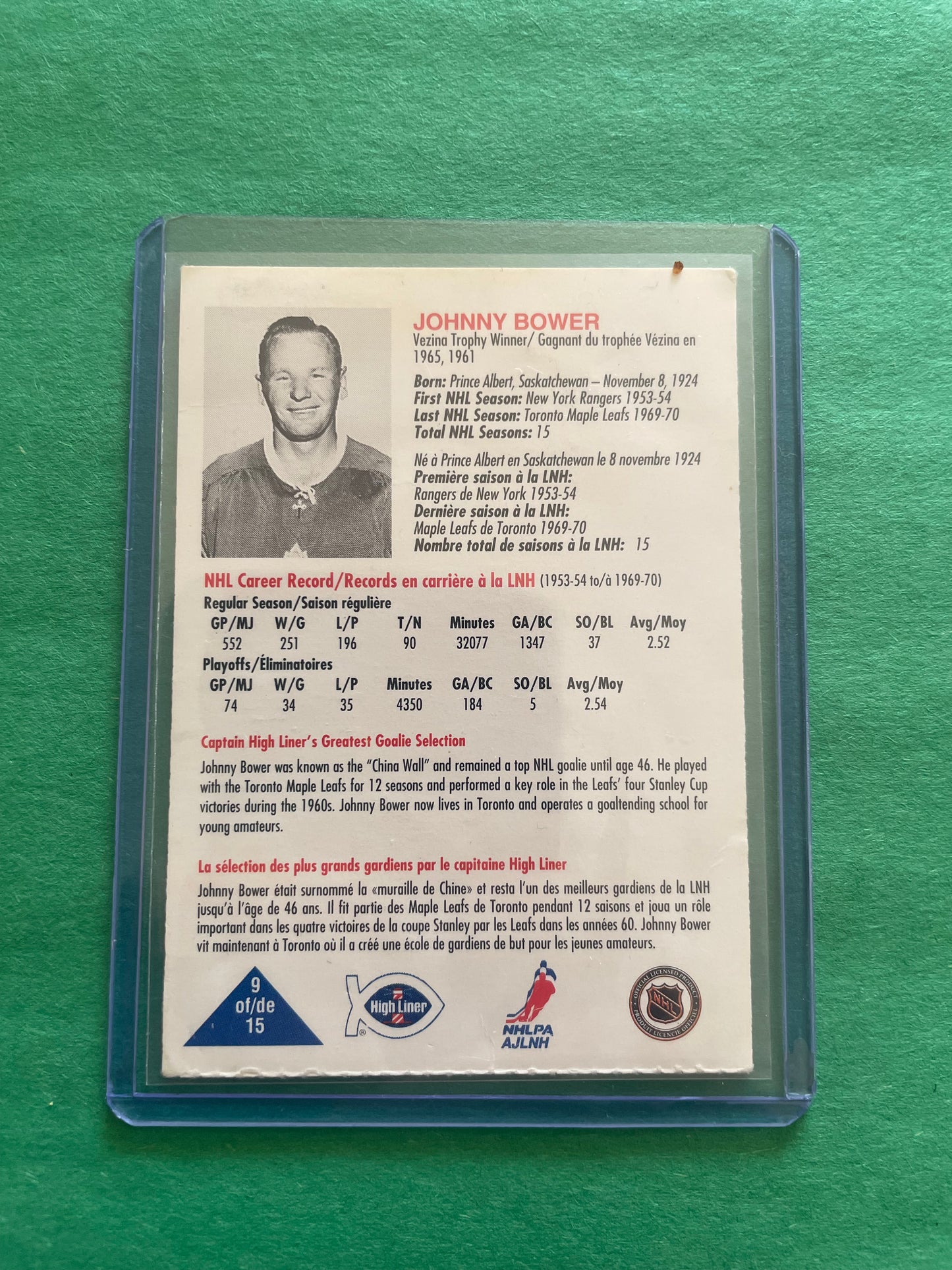 1993-1994 High Liner Greatest Goalies Toronto Maple Leafs Johnny Bower