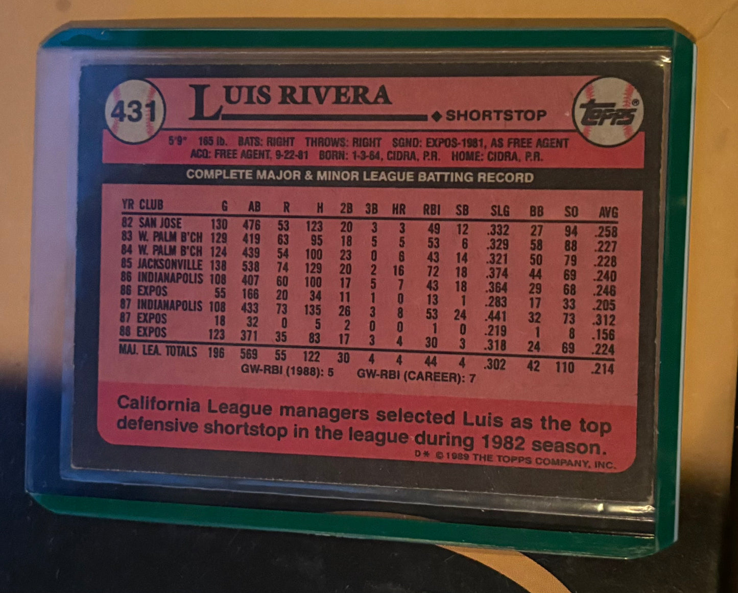 Luis Rivera Montreal Expos 1989 Topps