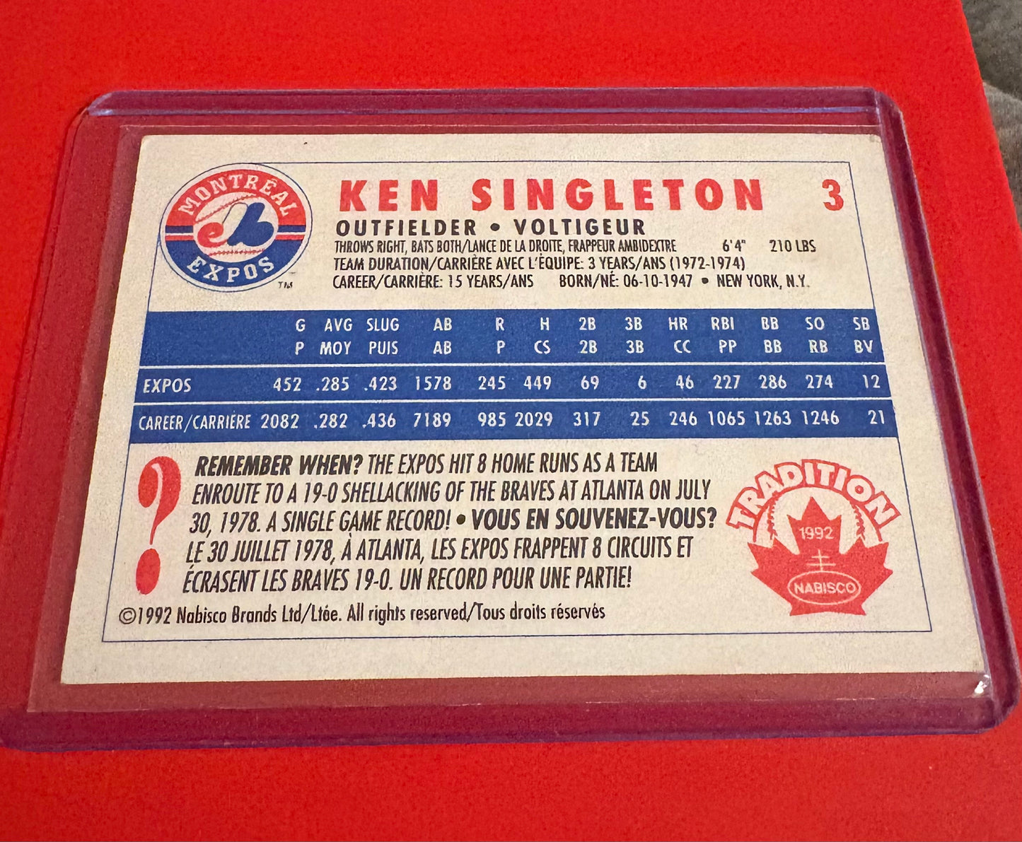 Ken Singleton Montreal Expos 1992 Nabisco