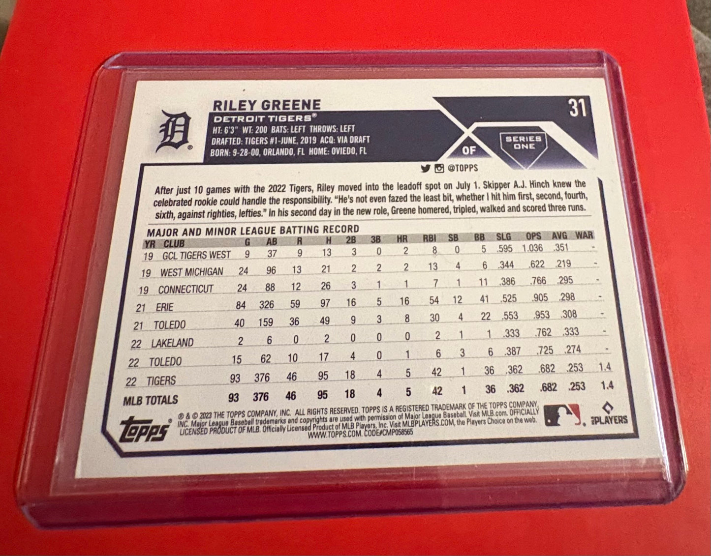Riley Greene Detroit Tigers Topps 2023