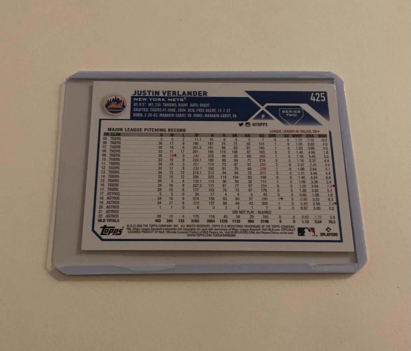 Justin Verlander Nee York Mets Topps 2023