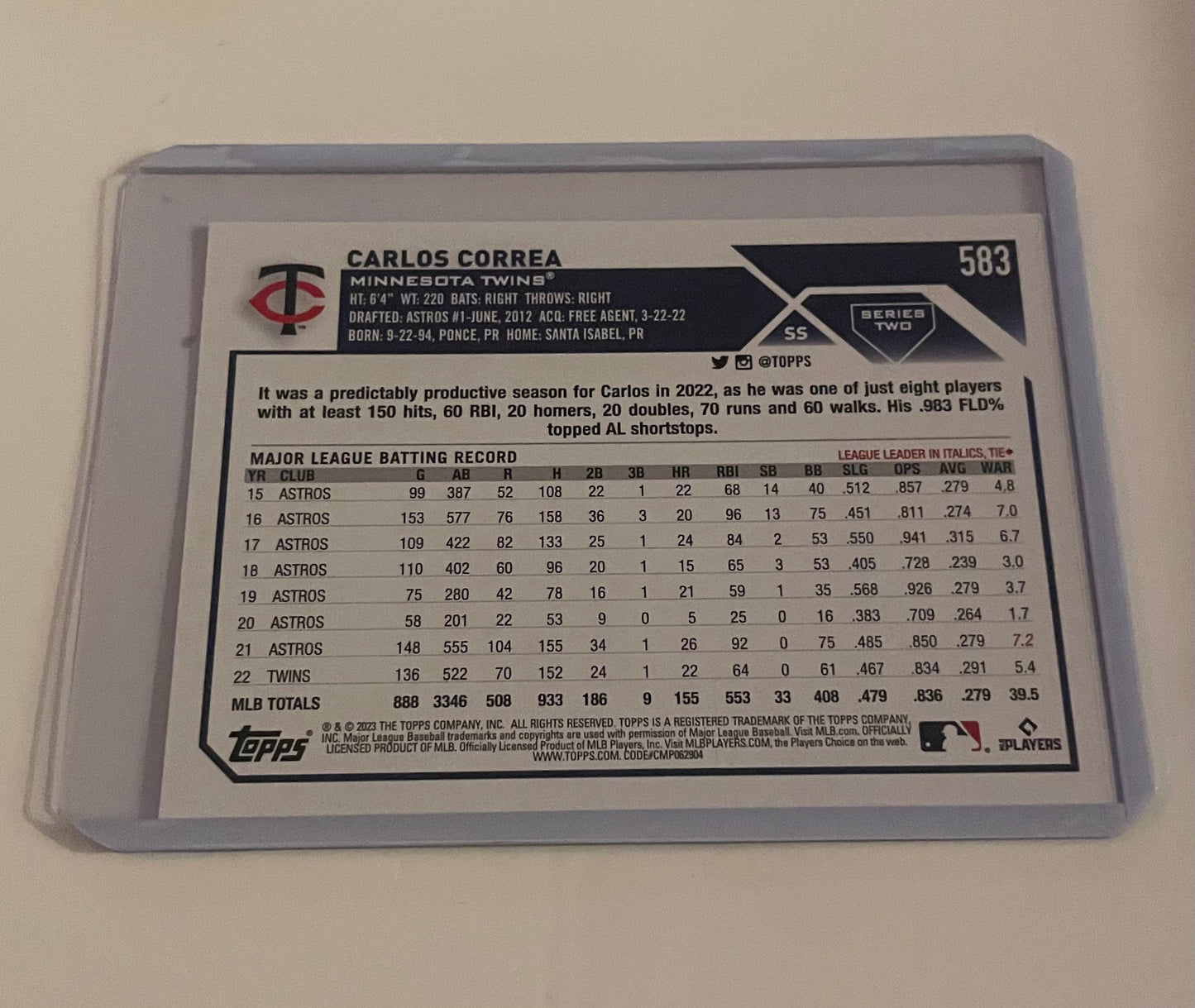 Carlos Correa Minnesota Twins Topps 2023