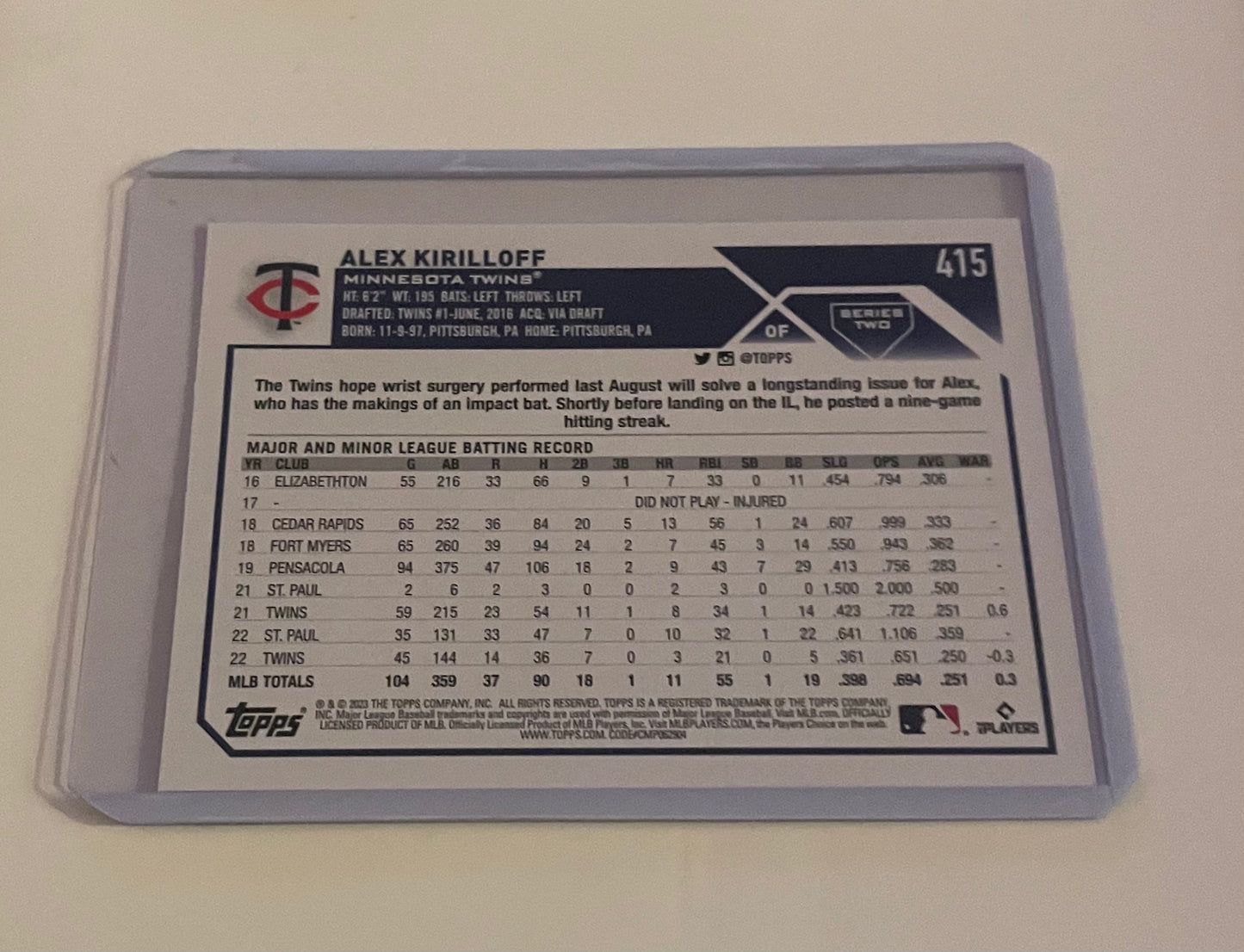 Alex Kirilloff Minnesota Twins Topps 2023