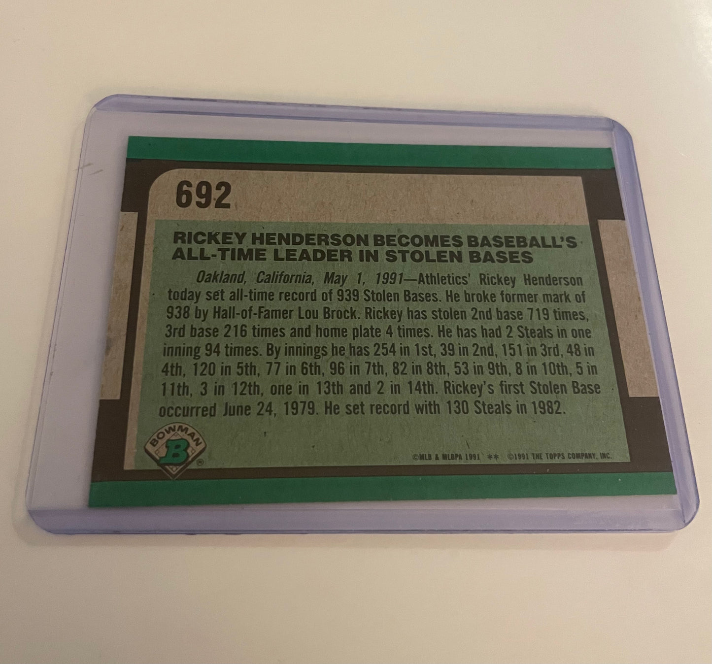 Ricky Henderson Oakland Athletics 1991 Bowman stolen base King