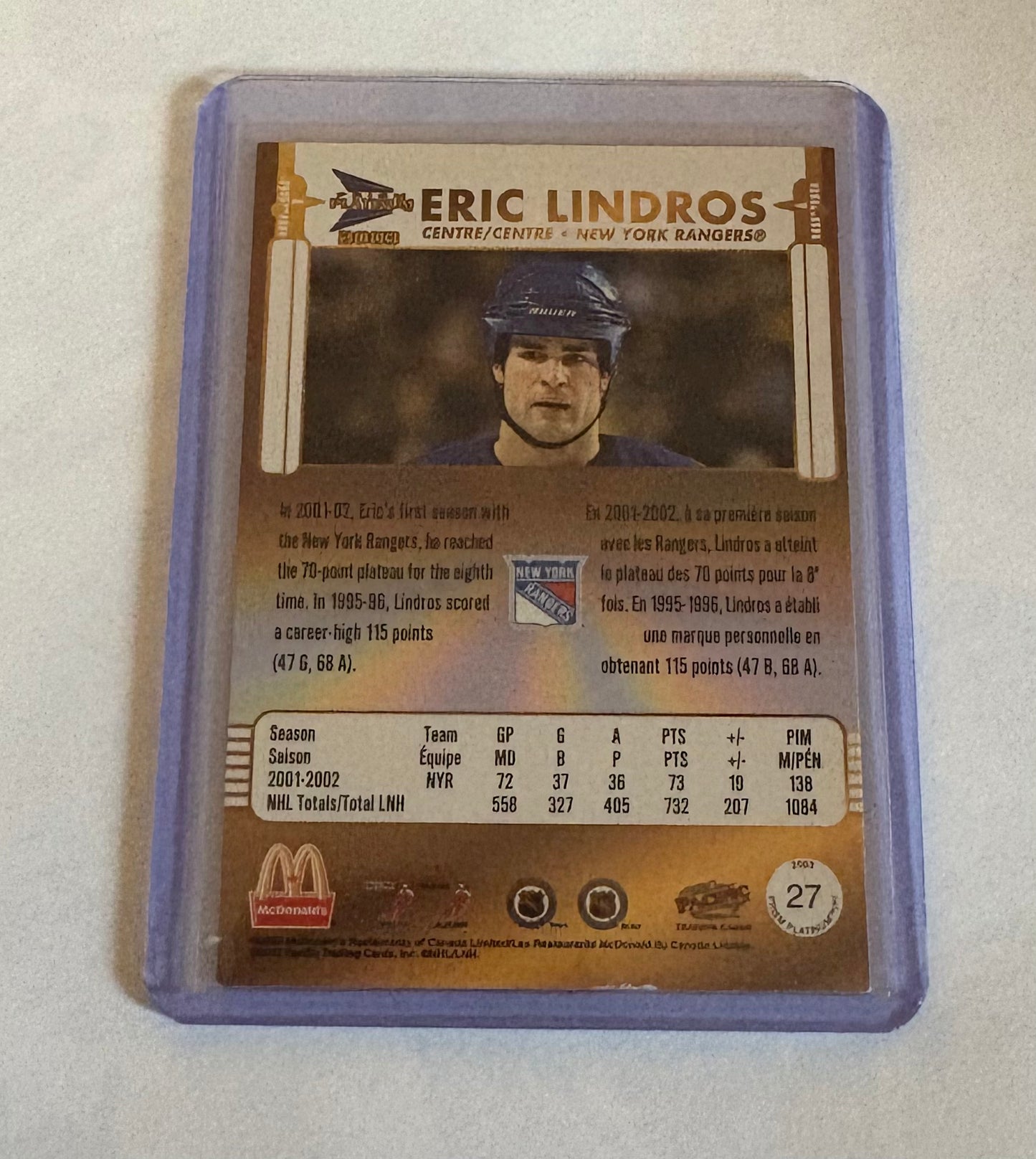 Eric Lindros New York Rangers Prism Platinum 2003
