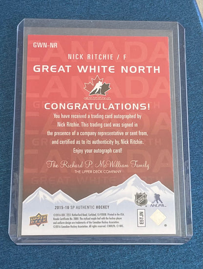 Autographed! Nick Ritchie Team Canada Great White North 2016 upper deck